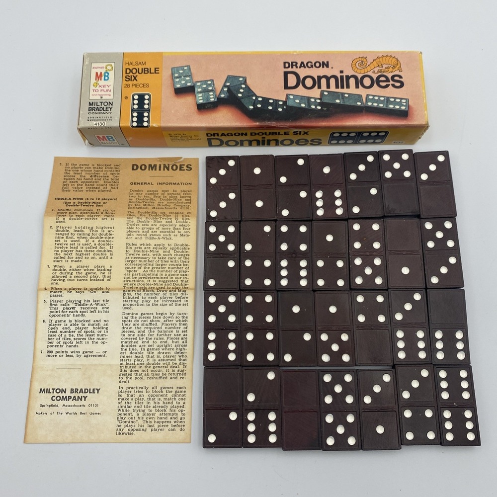Milton Bradley Dominoes Dragon 1970 Double Six Game Vintage Halsam Wooden